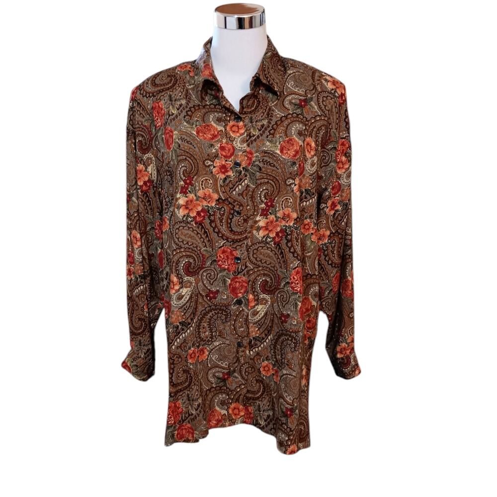 VINTAGE 80s 90s Floral Blouse Tunic Top LG Paisley Romantic Office Career Casual